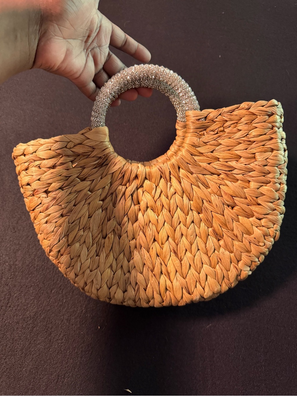 Beaded-Handle Woven Half-Moon Tote in Tan